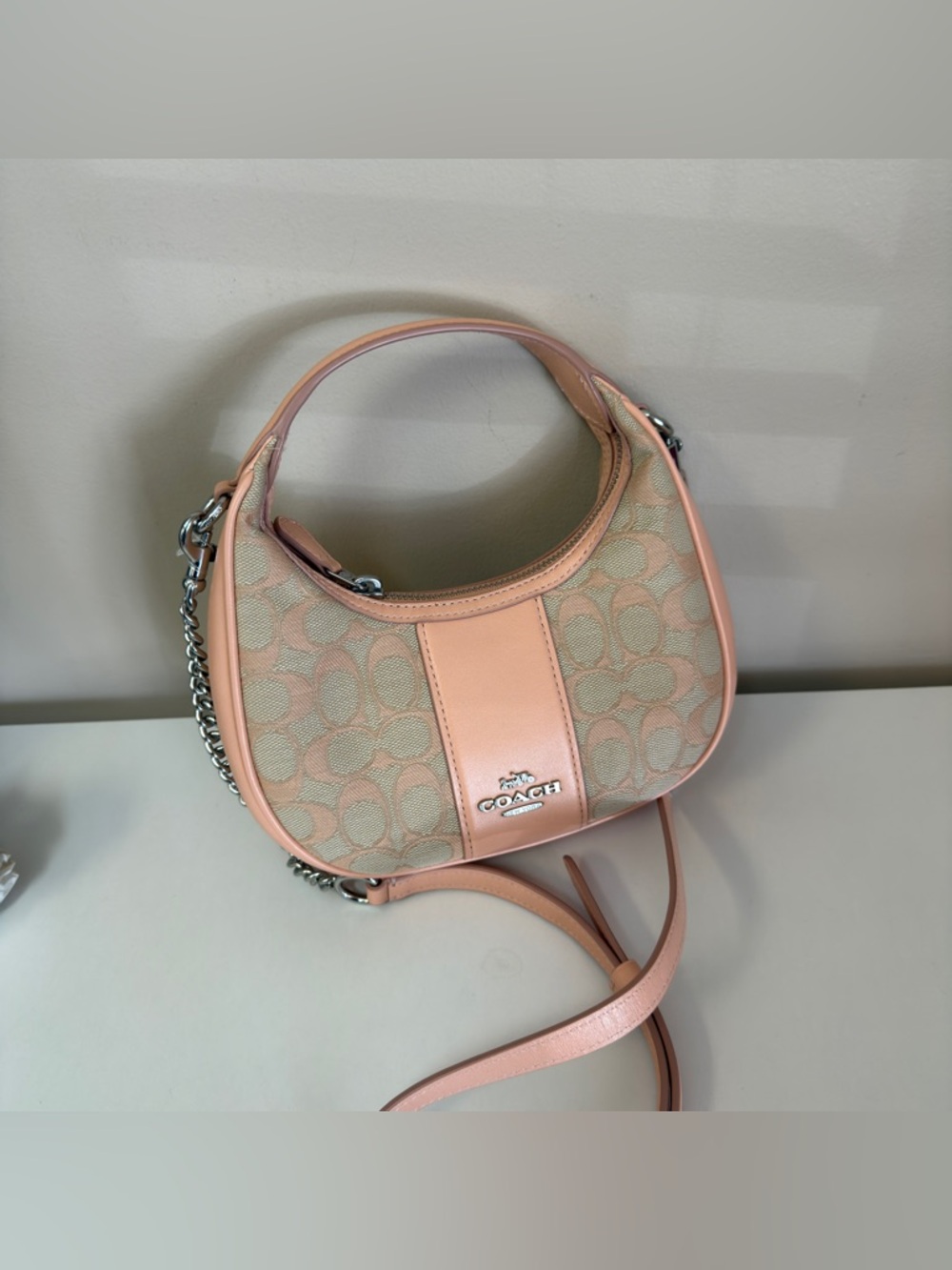 Coach Pink Signature Jacquard Crescent Shoulder Bag